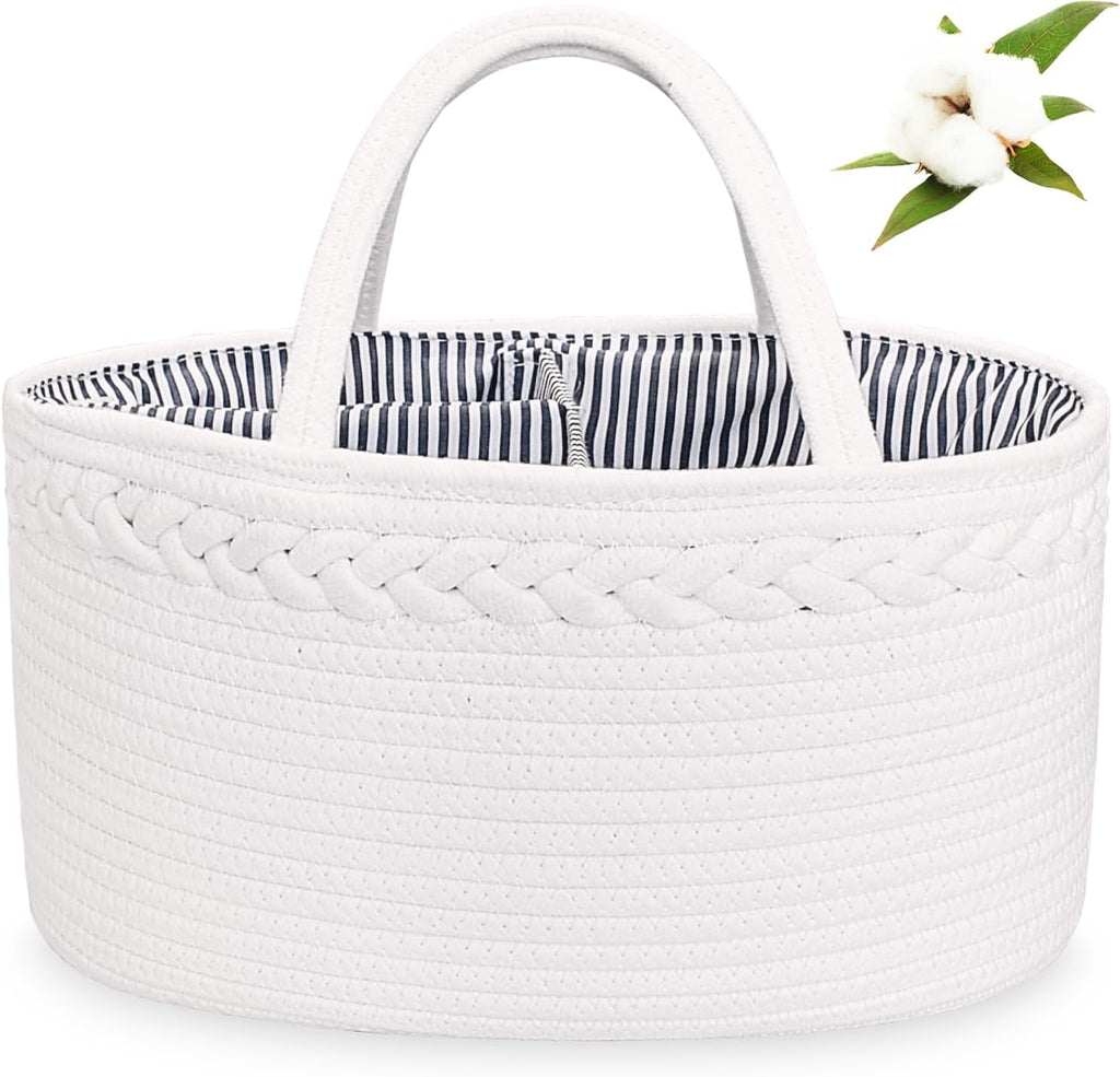 Baby Diaper Caddy Organizer, Boho Rope Nursery Storage Baby Basket Bin Gift Bags for Boys Girls, Portable Caddy Organizer for Changing Table Car, Ideal Gift Baby Shower Basket (White) - Sunflower farm life