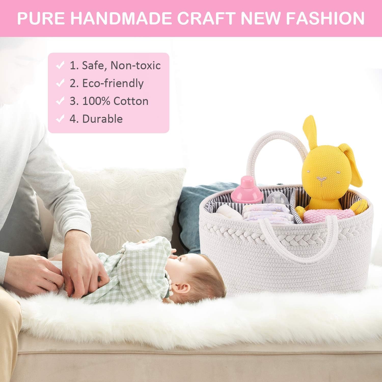 Baby Diaper Caddy Organizer, Boho Rope Nursery Storage Baby Basket Bin Gift Bags for Boys Girls, Portable Caddy Organizer for Changing Table Car, Ideal Gift Baby Shower Basket (White) - Sunflower farm life