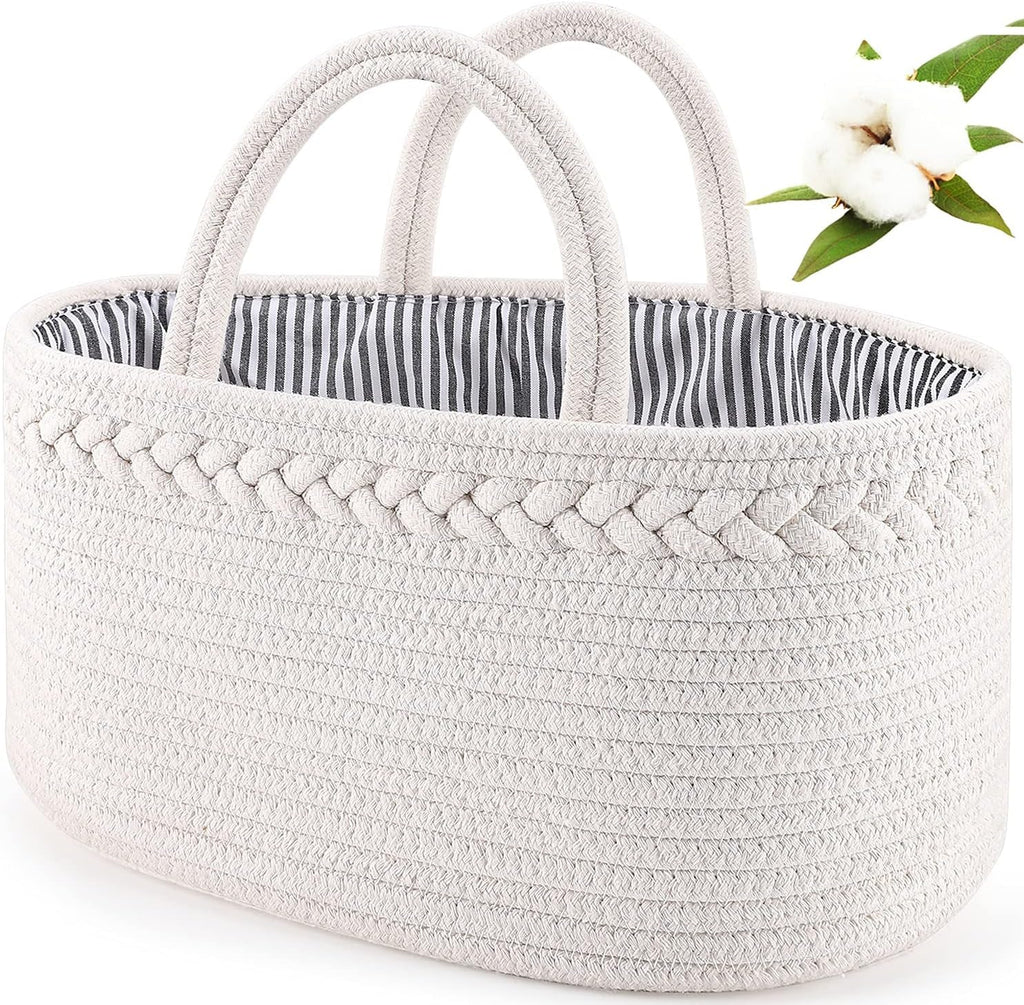 Baby Diaper Caddy Organizer, Boho Rope Nursery Storage Baby Basket Bin Gift Bags for Boys Girls, Portable Caddy Organizer for Changing Table Car, Ideal Gift Baby Shower Basket (White) - Sunflower farm life