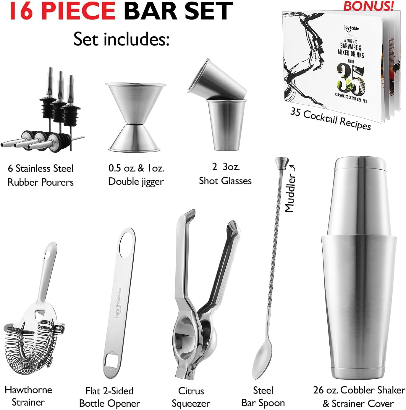 Bar Set Cocktail Shaker Set, Stainless Steel Mixology Bartender Kit, 16PC Silver Tools: 30Oz Martini Shaker, Muddler, Kit Book, Jigger and Pourers - Sunflower farm life
