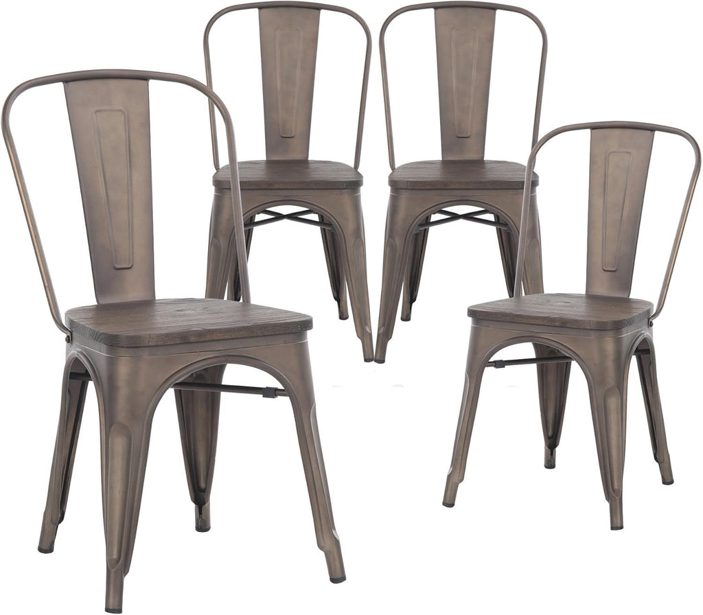 Metal Dining Chairs, Indoor/Outdoor and Stackable, Set of 4 (Bronze with Wooden Seat) - Sunflower farm life